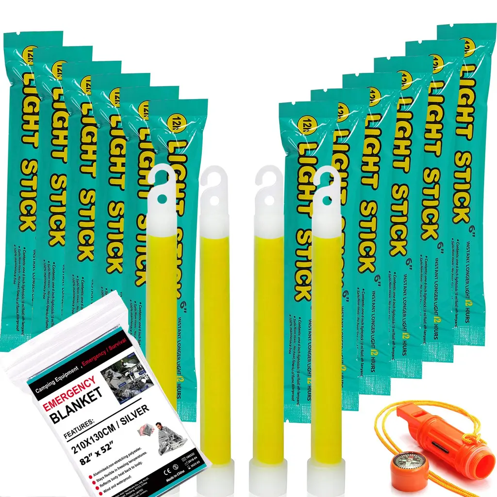 12 Ultra Bright Glow Sticks + Bonus Emergency Blanket and Survival Whistle - Emergency Light Sticks for Camping, Hiking, Outdoor, Survival Kit and More - Lasts Over 12 Hours