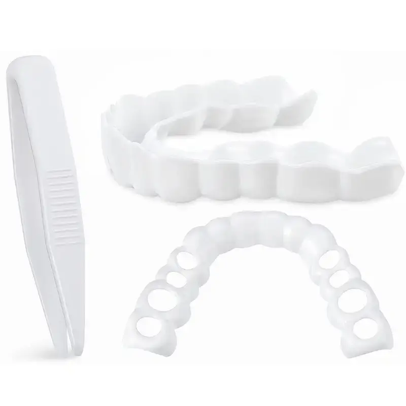 2 Pieces Instant Veneers Dentures Fake Teeth Smile Serrated Denture Teeth Tip with Mini Tweezers for Men and Women