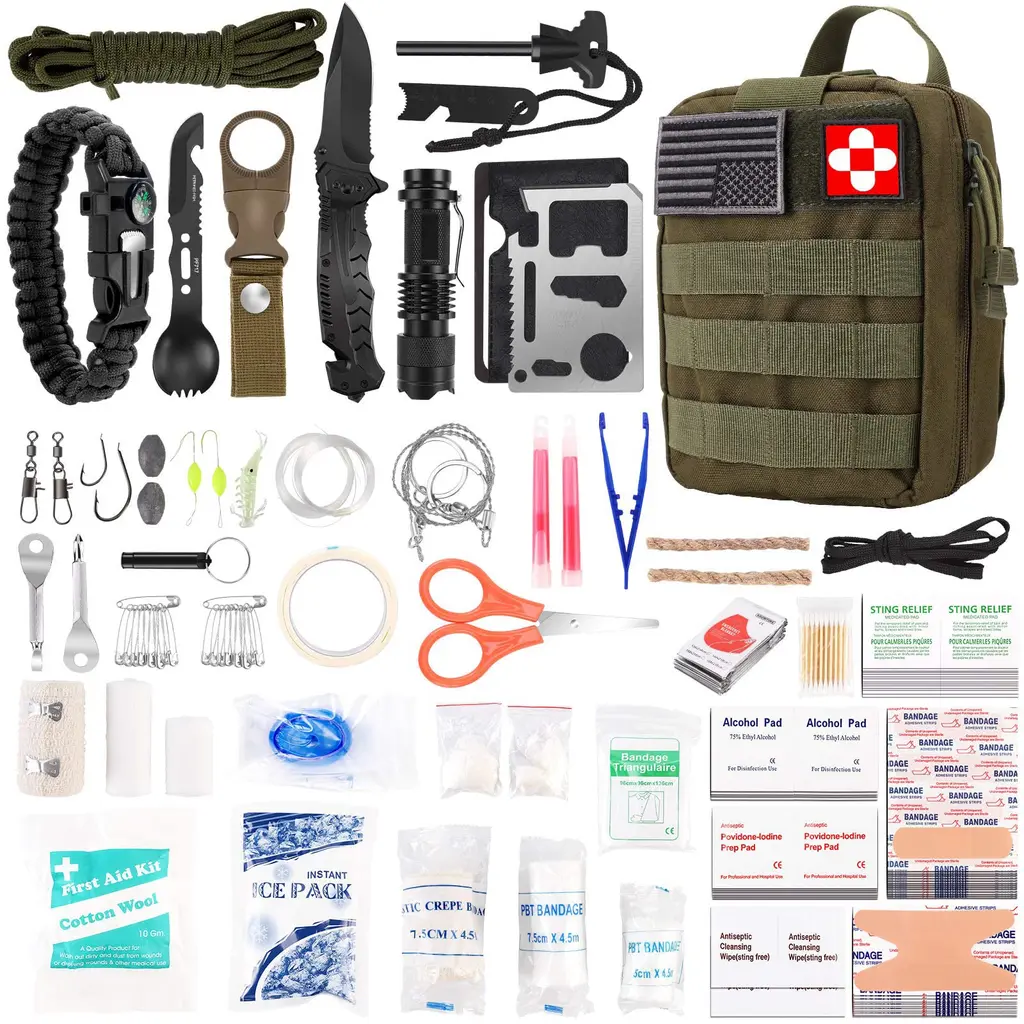 216 Pcs Survival First Aid kit, Professional Survival Gear Equipment Tools First Aid Supplies for SOS Emergency Hiking Hunting Disaster Camping Adventures Green