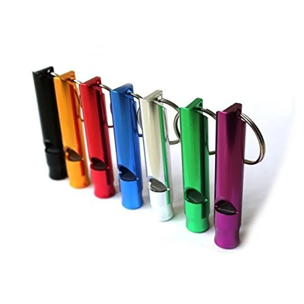 A Set of 5 Extra Loud Whistles for Camping Hiking Hunting Outdoors Sports and Emergency Situations, Sturdy but Light Aluminium Key Chain Signals of Different Colors - by Homey Product