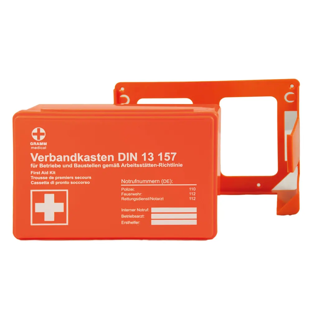 Actiomedic mini association box for companies including wall bracket for inpatient use DIN 13157: 2021 I with visual representation for first aid for companies orange 26 x 8.5 x 18 cm
