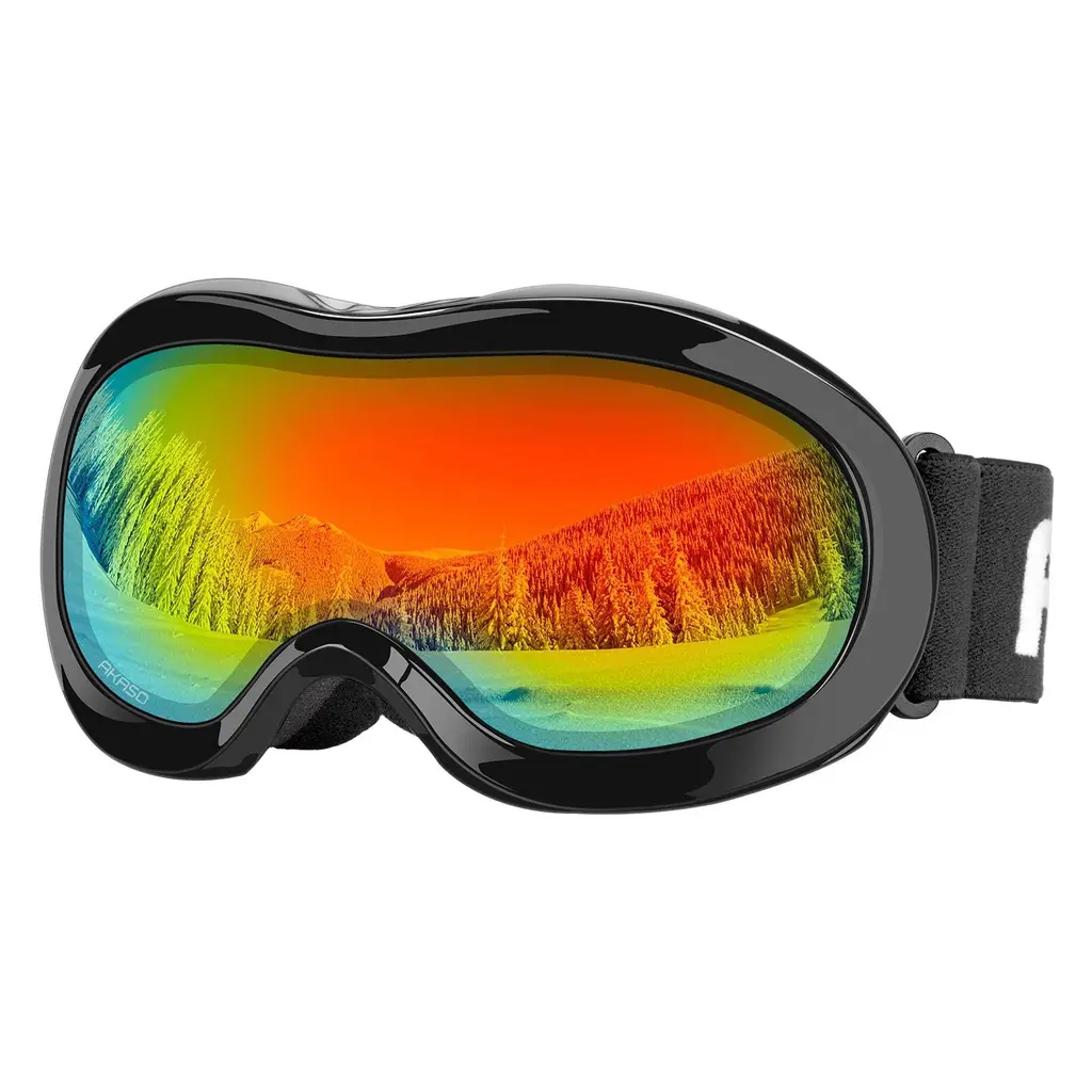 AKASO Kids Ski Goggles for Youth, Kids, Anti-Fog, 100% UV Protection, Double-Layer Spherical Lenses Black Frame / Grey Lens With Revo Red (Vlt 12%)