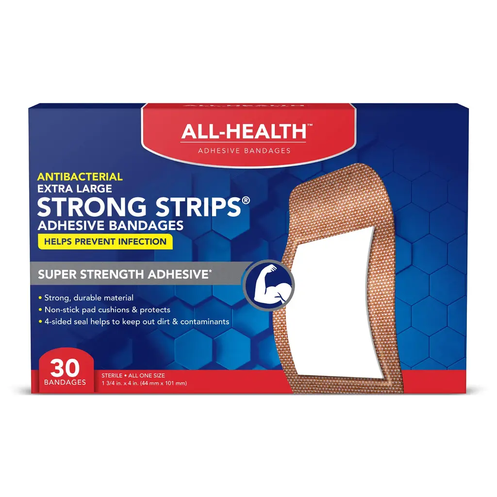 All Health Antibacterial Heavy Fabric Strong Strip Adhesive Bandages XL 1.75 in x 4 in 30 ct | Extra Large Helps Prevent Infection Durable Protection for First Aid and Wound Care