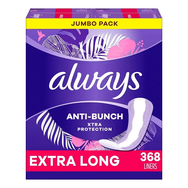 Always Anti-Bunch Xtra Protection Absorbency Daily Liners for Women Extra Long Unscented 92 Count x 4 Packs (368 Count Total)