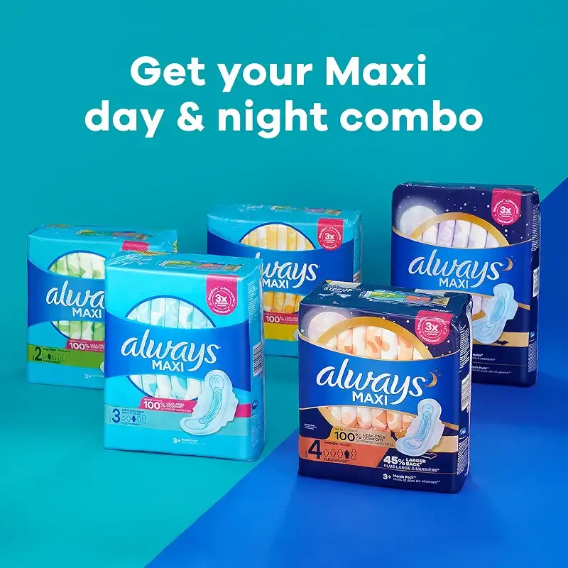 Always Maxi Feminine Pads For Women, Size 1 Regular Absorbency, Without Wings, Unscented — pack of 48