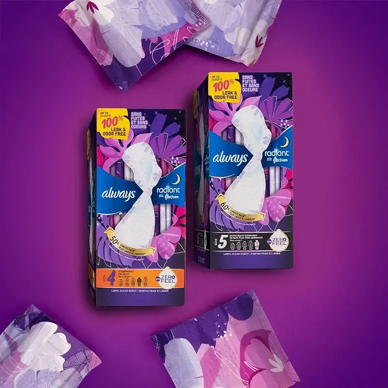 Always Radiant Feminine Pads For Women, Size 5 Extra Heavy Overnight Absorbency — pack of 18