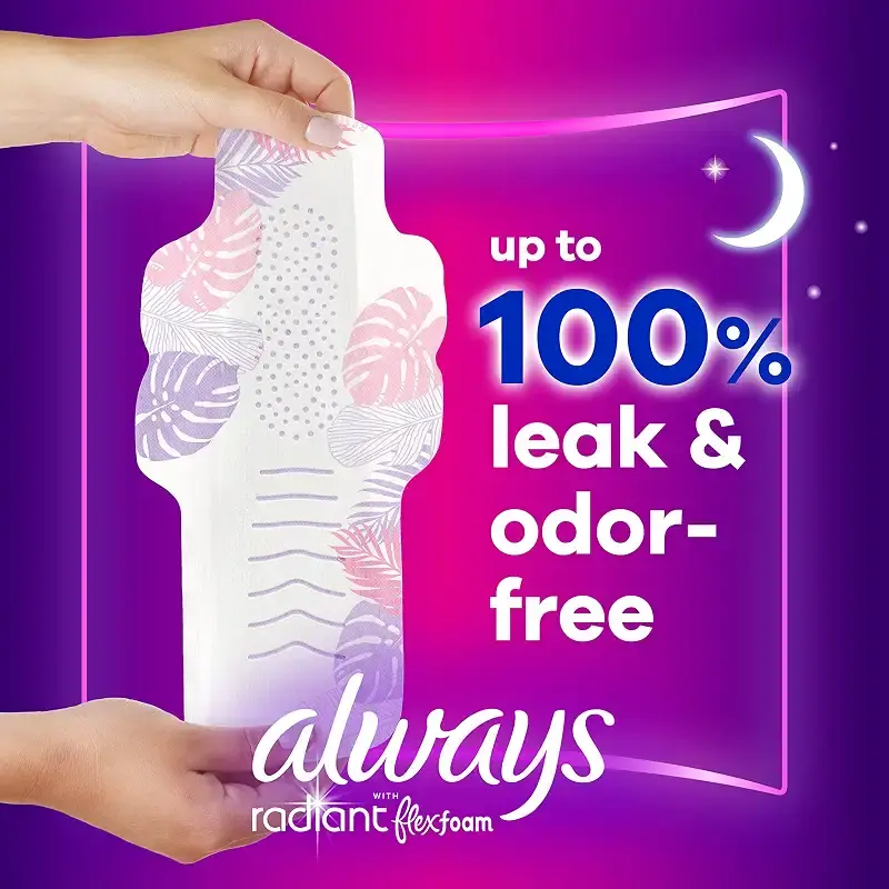 Always Radiant FlexFoam Pads for Women Size 4 Overnight Absorbency 100% Leak & Odor Free — Always