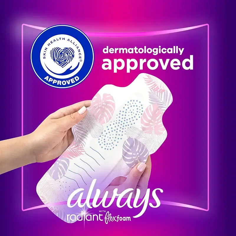 Always Radiant FlexFoam Pads for Women Size 4 Overnight Absorbency 100% Leak & Odor Free — Always