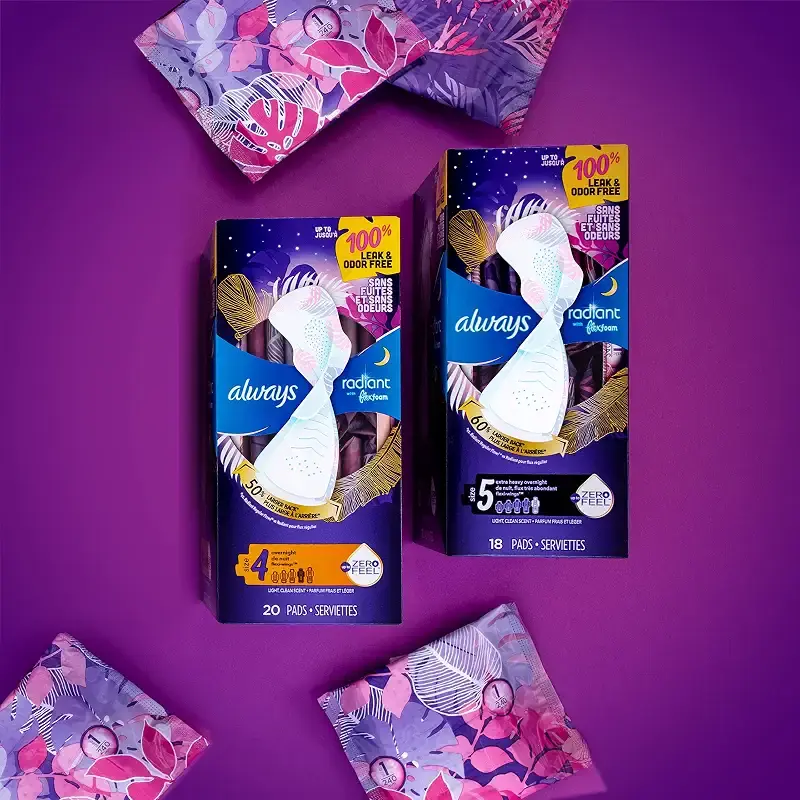 Always Radiant FlexFoam Pads for Women Size 4 Overnight Absorbency 100% Leak & Odor Free — Feminine Care
