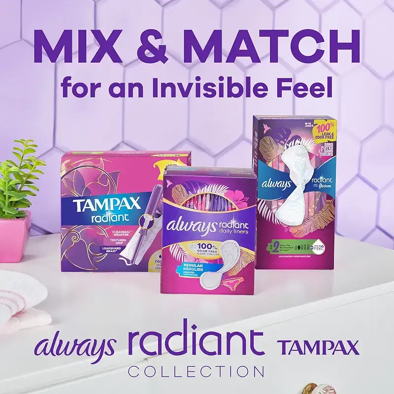 Always Radiant FlexFoam Pads for Women Size 4 Overnight Absorbency 100% Leak & Odor Free — Always