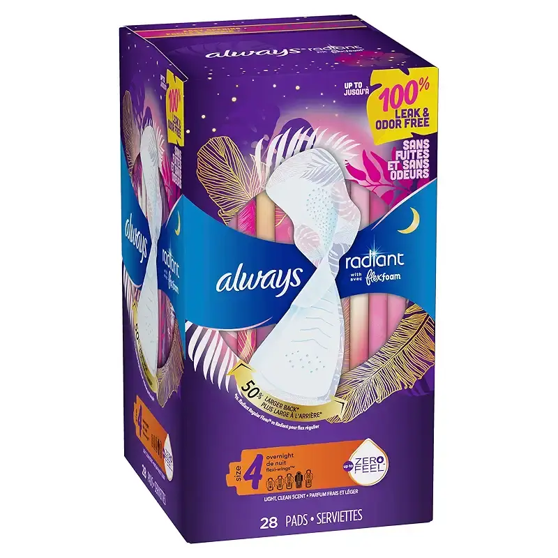 Always Radiant FlexFoam Pads for Women Size 4 Overnight Absorbency 100% Leak & Odor Free — pack of 28