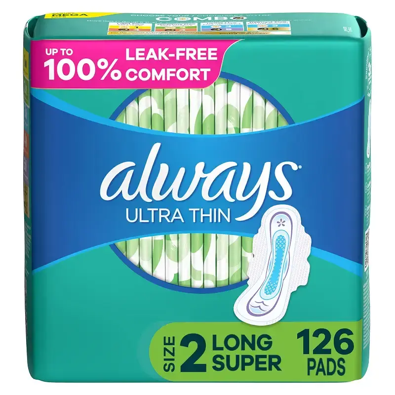 Always Ultra Thin Feminine Pads with Wings for Women Super Absorbency Unscented Size 2 126 Count