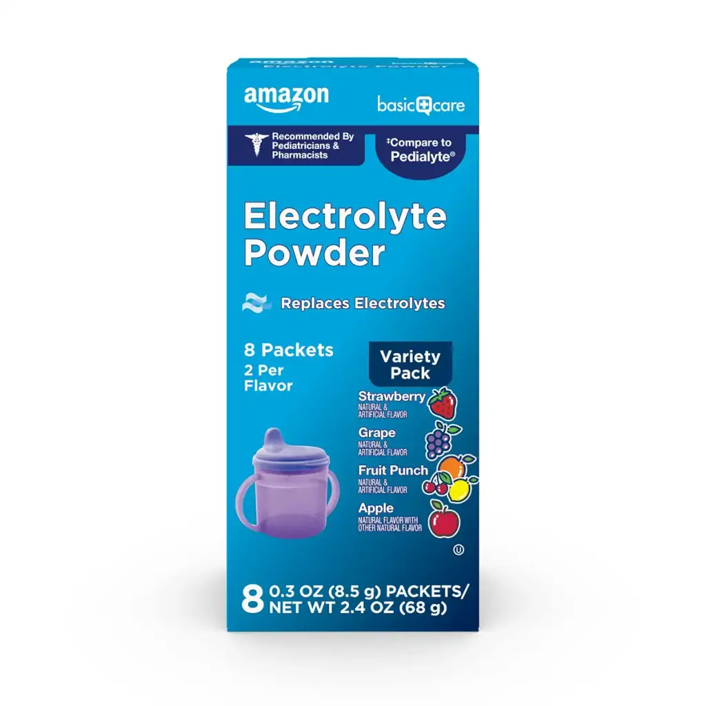 Amazon Basic Care Electrolyte Powder Variety Pack, Apple, Fruit Punch, Grape, Strawberry, Electrolyte Drink Mix, 8 Count Electrolite Powder Variety 8 Count (Pack of 1)
