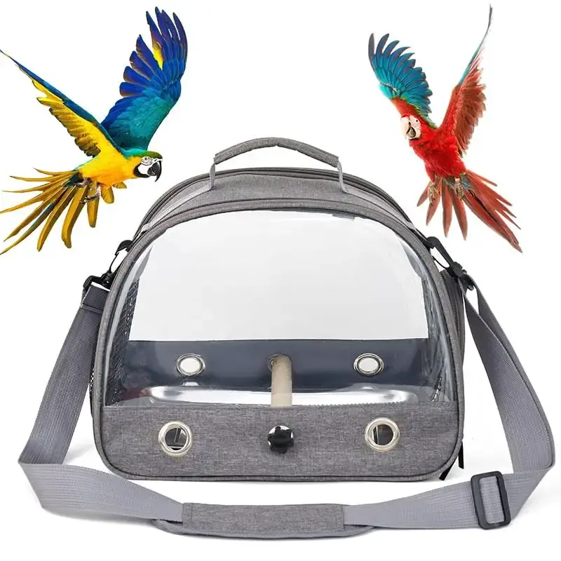 Ameurey Bird Carrier Small Bird Travel Carrier Cage with Stand Small Bird Cage for Travel Parakeet Carrier Bird Bag with Shoulder Strap Side Access Window (Grey)