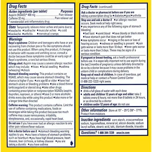 Anacin Fast Pain Relief, Aspirin + Caffeine Pain Reliever, 100 coated tablets — Tablets