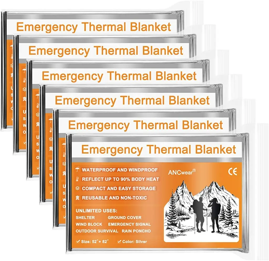 ANCwear Emergency Blankets, 12 Pack, 6 Pack, Foil Mylar Thermal Blankets Space Blanket 52"x82" for Outdoors,Hiking,Survival,or First Aid 6 Pack Silver