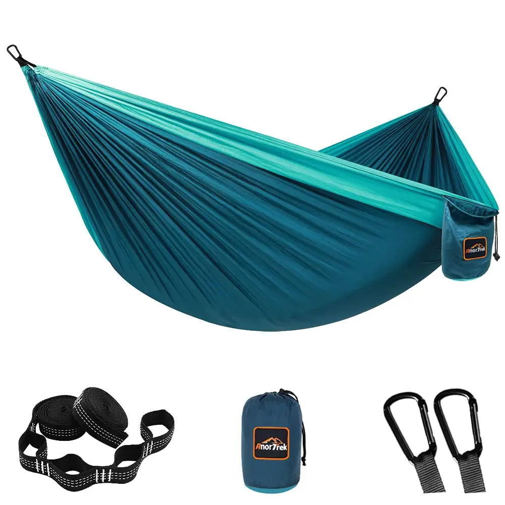 AnorTrek Camping Hammock, Super Lightweight Portable Parachute Hammock with Two Tree Straps Single or Double Nylon Travel Tree Hammocks for Camping Backpacking Hiking Blue&dark Blue Single 110''L x 55''W