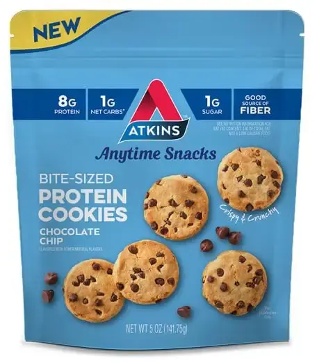 Atkins Anytime Snacks Bite-Sized Protein Cookies Chocolate Chip Crispy & Crunchy 8g Protein 1g Net Carbs 1g Sugar Good