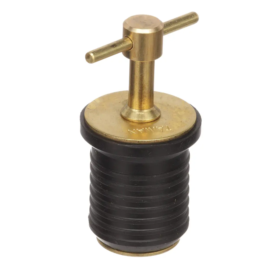 Attwood 7526A7 T-Handle Drain Plug, For 1-Inch-Diameter Drains, Locks in Place, Brass Handle, Rubber Plug