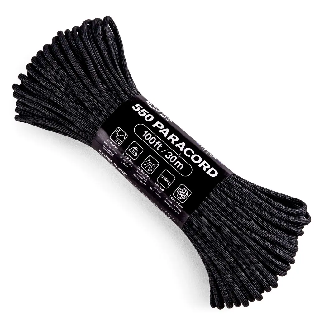 Atwood Rope MFG 550 Paracord 100 Feet 7-Strand Core Nylon Parachute Cord Outside Survival Gear Made in USA | Lanyards, Bracelets, Handle Wraps, Keychain Black
