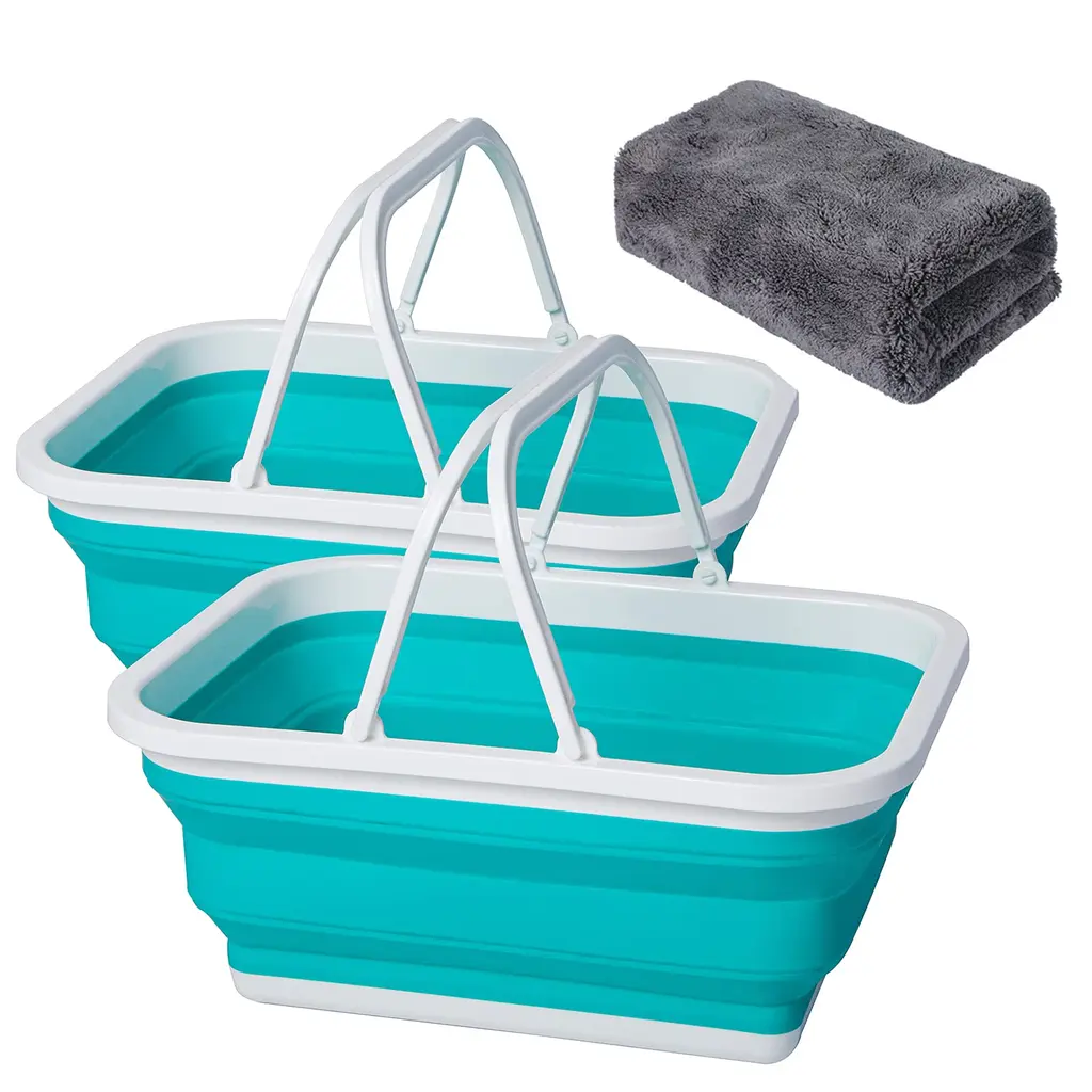 AUTODECO 2 Pack Collapsible Sink Gray/Blue/Green with Handle Towel, 2.37 Gal / 9L Foldable Wash Basin for Washing Dishes, Camping, Hiking and Home Blue and Blue
