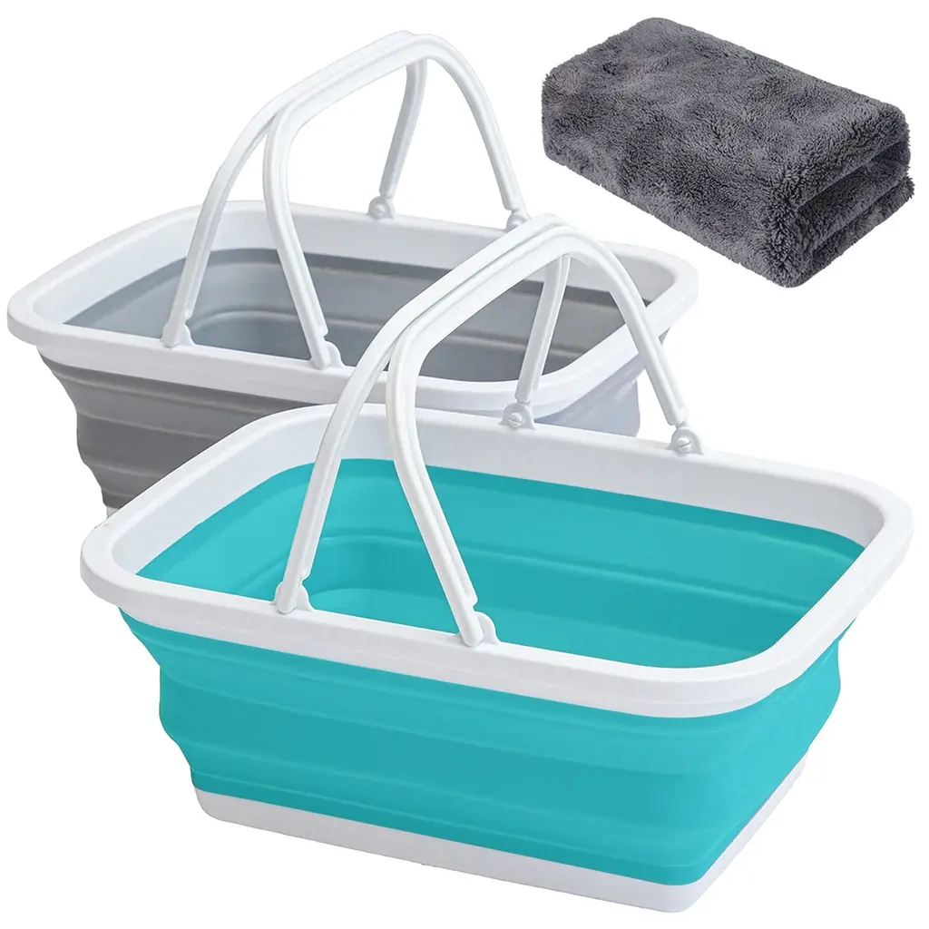 AUTODECO Collapsible Sink 2 Pack with Handle Towel, 2.37 Gal / 9L Foldable Wash Basin for Washing Dishes, Camping, Hiking and Home Gray&blue