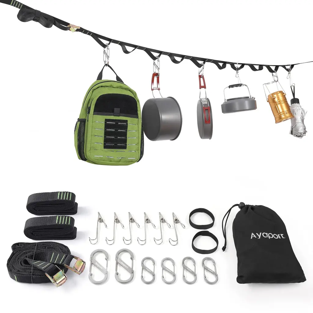 Ayaport Campsite Storage Strap 25FT Camping Lanyard Tent Hanging Organizer with 20 Loops 12 Hooks Must Have Tent Gear Camp Kitchen Accessories