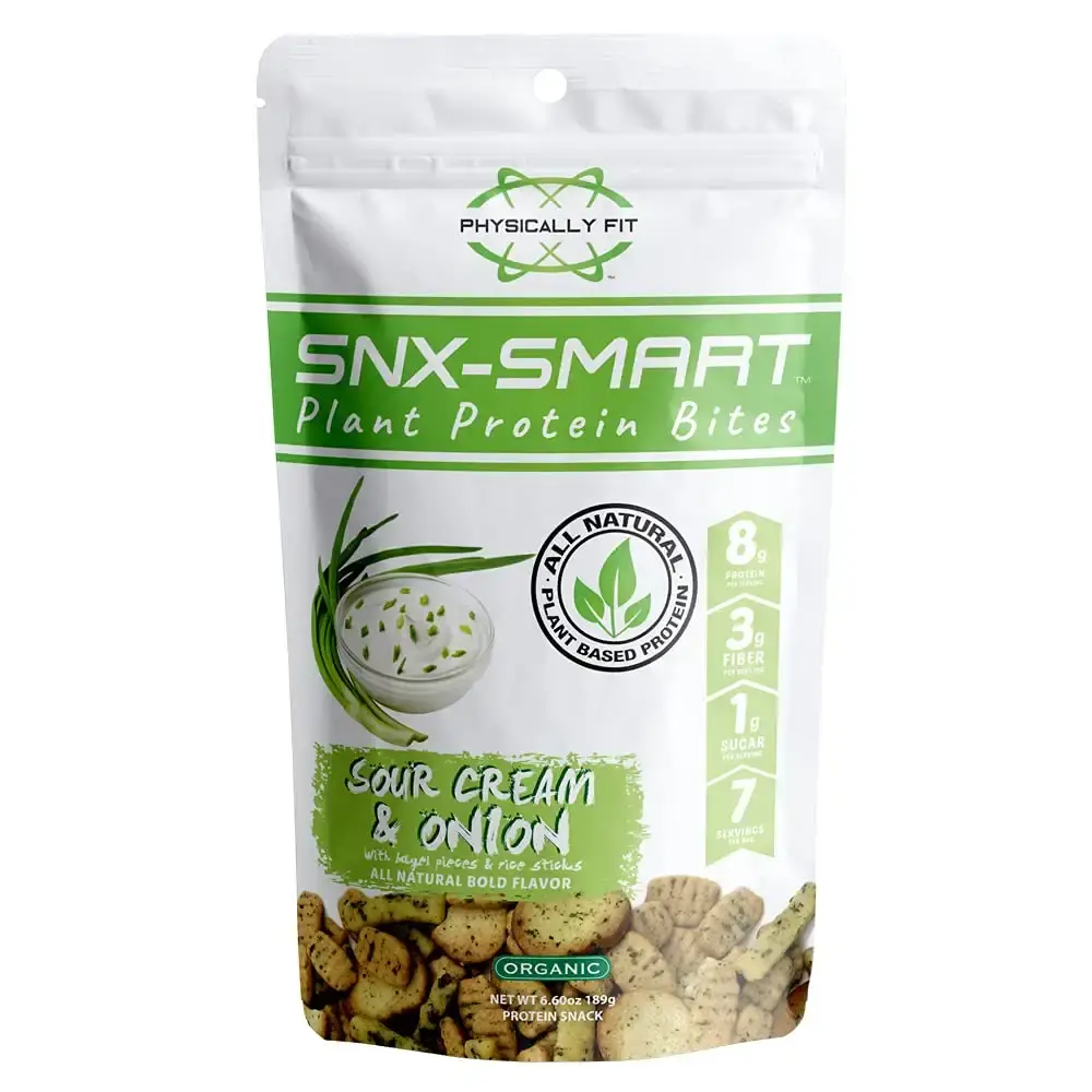 Barn Dad Nutrition SNXSmart Crispy Plant Protein Bites Sour Cream Onion with Bagel Pieces and Rice Sticks 7 Servings 56 Grams of Protein Per Bag, Tan, 6.6 Ounce