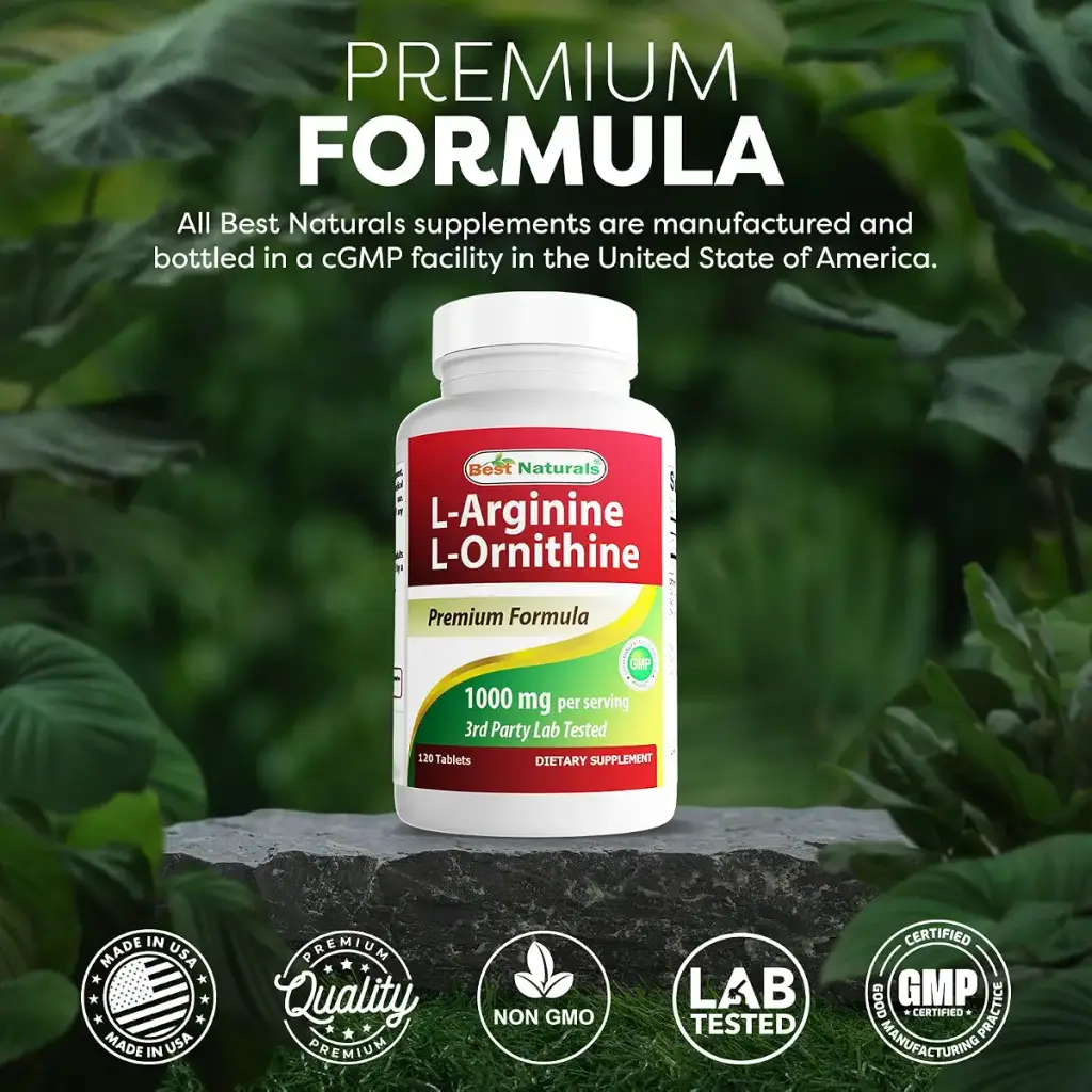 Best Naturals L-Arginine L-Ornithine - 1000mg per Serving - 120 Tablets - Non-GMO & — pack of 120