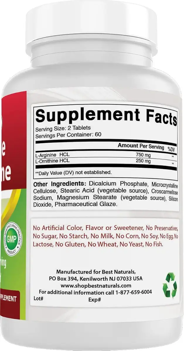 Best Naturals L-Arginine L-Ornithine - 1000mg per Serving - 120 Tablets - Non-GMO & — Sports Nutrition