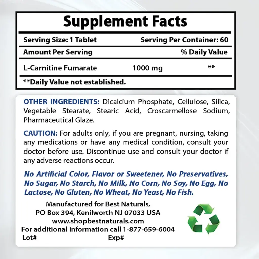 Best Naturals L-Carnitine 1000mg 60 Tablets (60 Count (Pack of 1)) — 1000 mg