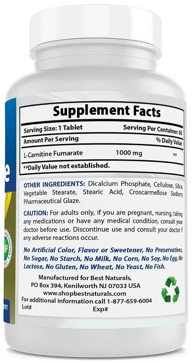 Best Naturals L-Carnitine 1000mg 60 Tablets (60 Count (Pack of 1)) — 1000 mg