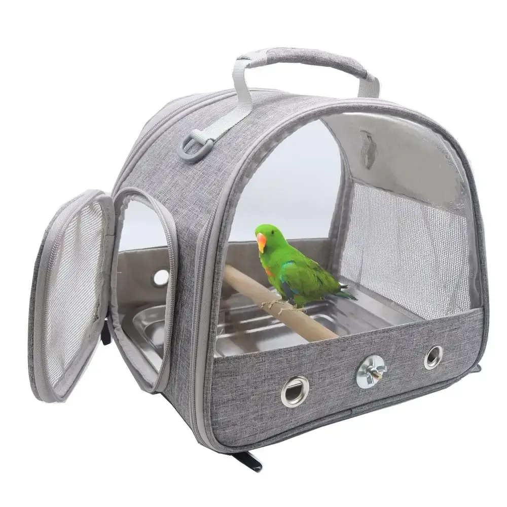 Bird Travel Carrier with Standing Perch and stainless Steel Tray Breathable Collapsible Small Bird Carrier Travel Bag for Parrot Parakeet Small Animals for travel hiking Camping (Grey)