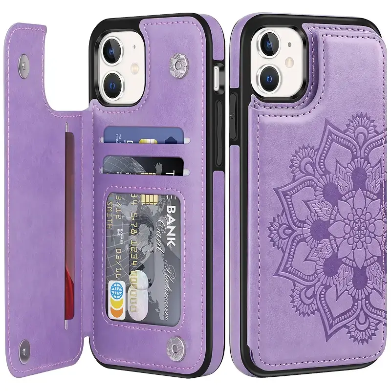 Bizzib for iPhone 11 Case Leather Wallet with Card Holder Flip Cover Kickstand Card Slots Double Magnetic Clasp Shockproof Heavy Duty Protective Case for iPhone 11-Floral Purple Flower Purple
