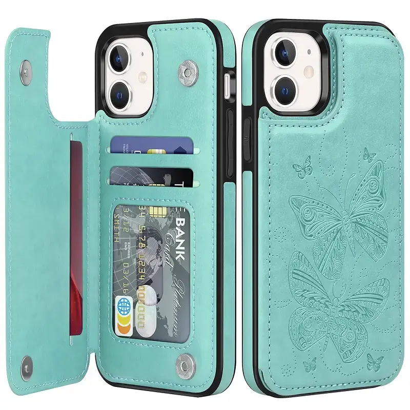 Bizzib for iPhone 12/12 Pro Case Leather Wallet with Card Holder Flip Cover Kickstand Card Slots Double Magnetic Clasp Shockproof Heavy Duty Protective Case for iPhone 12/12 Pro 6.1in-Butterfly Green