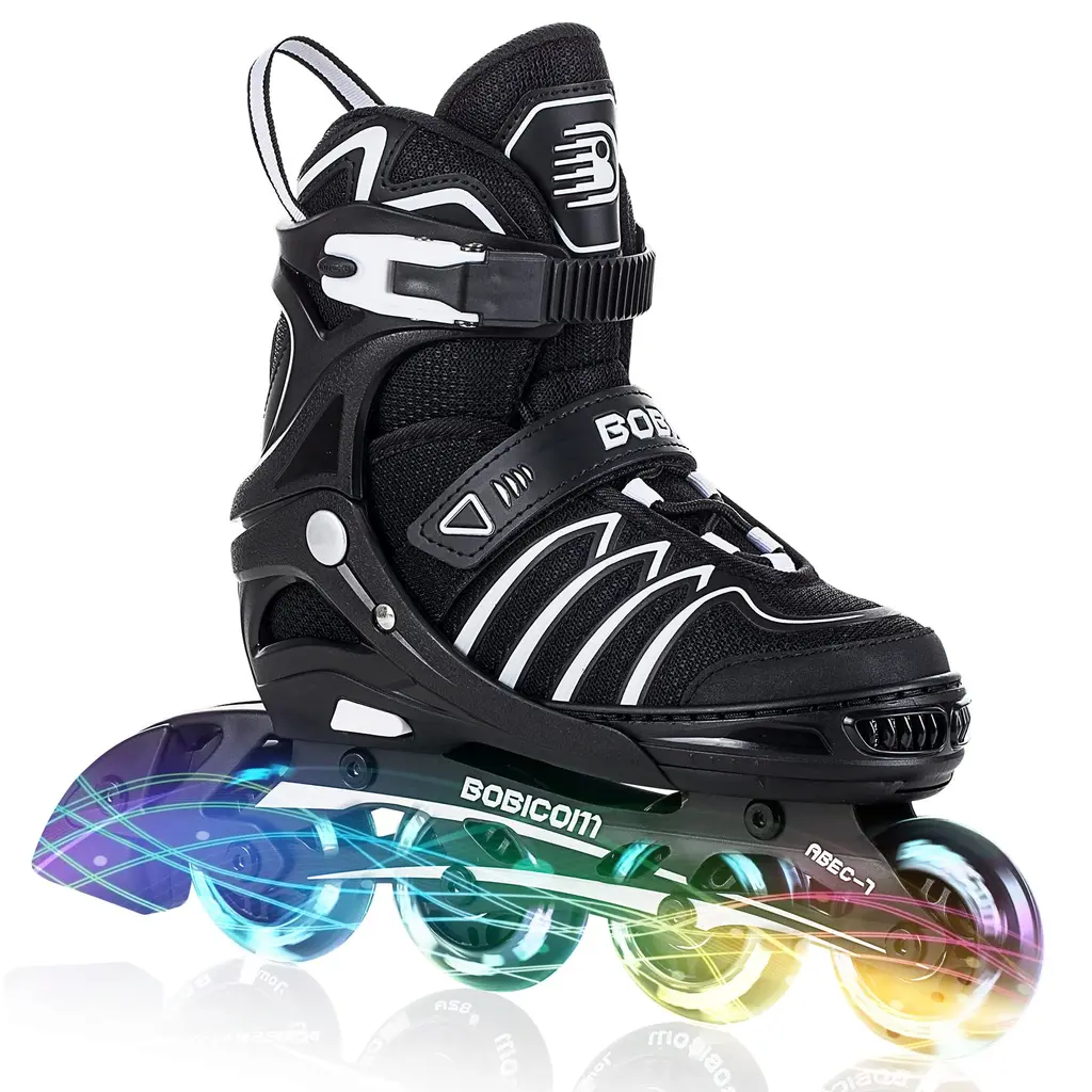BOBICOM Adjustable Inline Skates with Full Light Up Wheels,Outdoor Illuminating Roller Skates for Kids and Adults, Girls and Boys, Men and Women Large - Youth & Adult Black