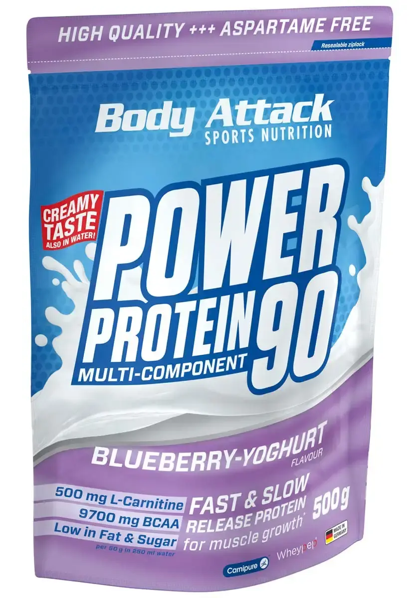 Body Attack Power Protein 90 - BlueBerry Yoghurt - 500g bag - Multi -component Protein Powder Made in Germany - With BCAA Vitamins & L -Carnitin - Protein Shake Extra creamy taste Blueberry 500 g (1 Pack)