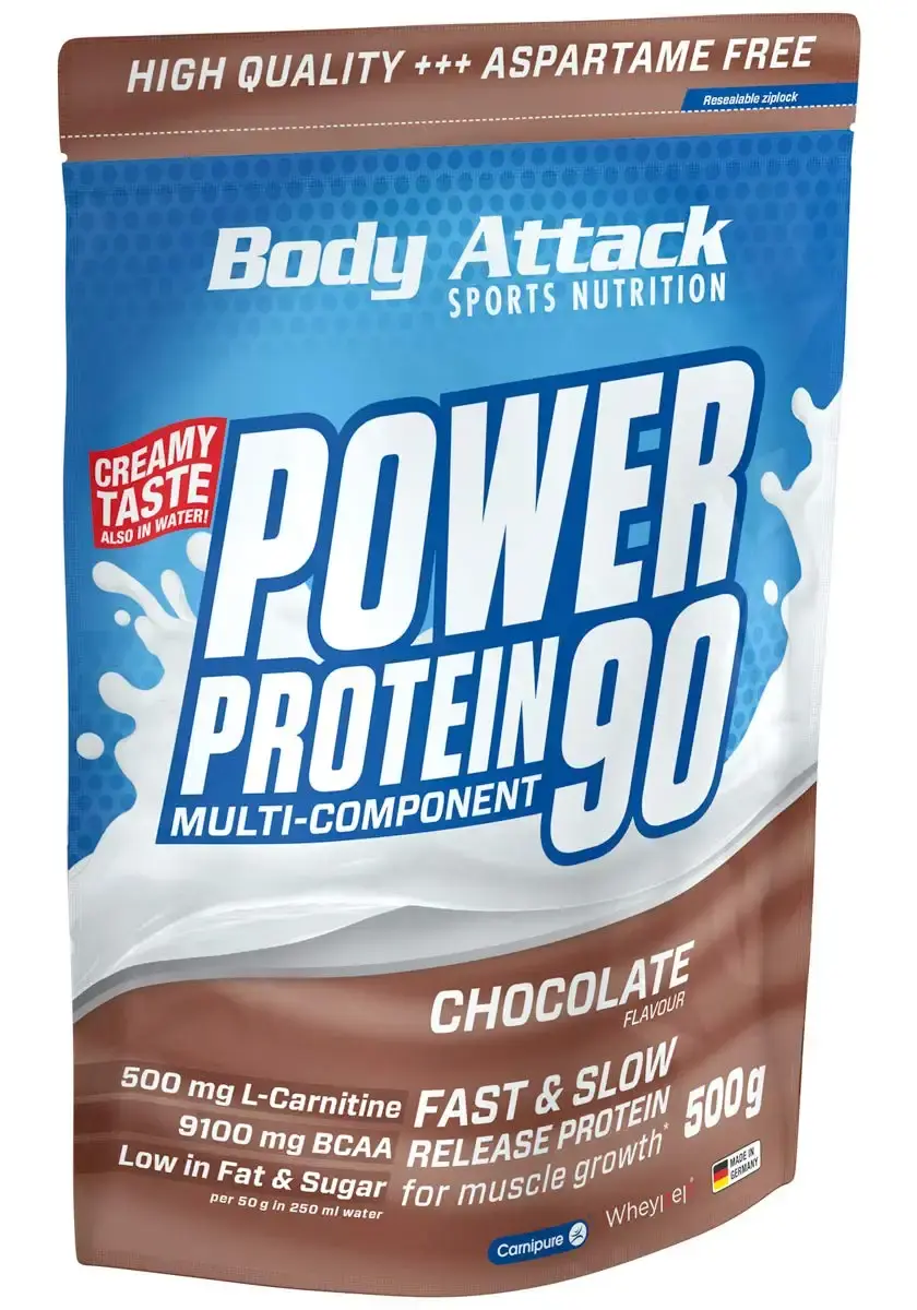 Body Attack Power Protein 90 - Chocolate - 500g bag - multi -component protein powder made in Germany - with BCAA vitamins & l -carnitine - protein shake extra creamy taste good solubility chocolate 500 g (1 Pack)