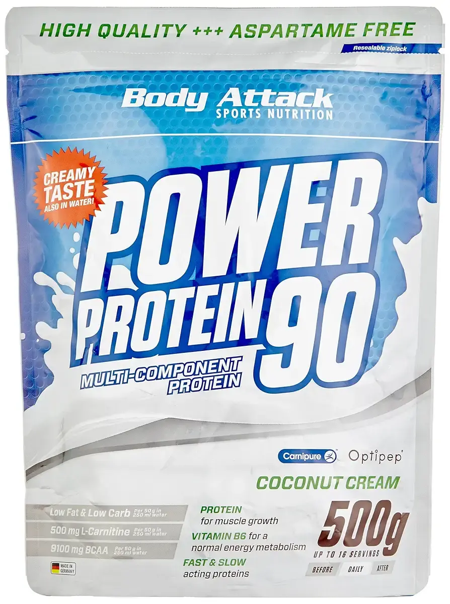 Body Attack Power Protein 90 - Coconut Cream - 500g bag - Multi -component Protein Powder Made in Germany - With BCAA Vitamins & L -Carnitin - Protein Shake Extra creamy taste Coconut 500 g (1 Sack)