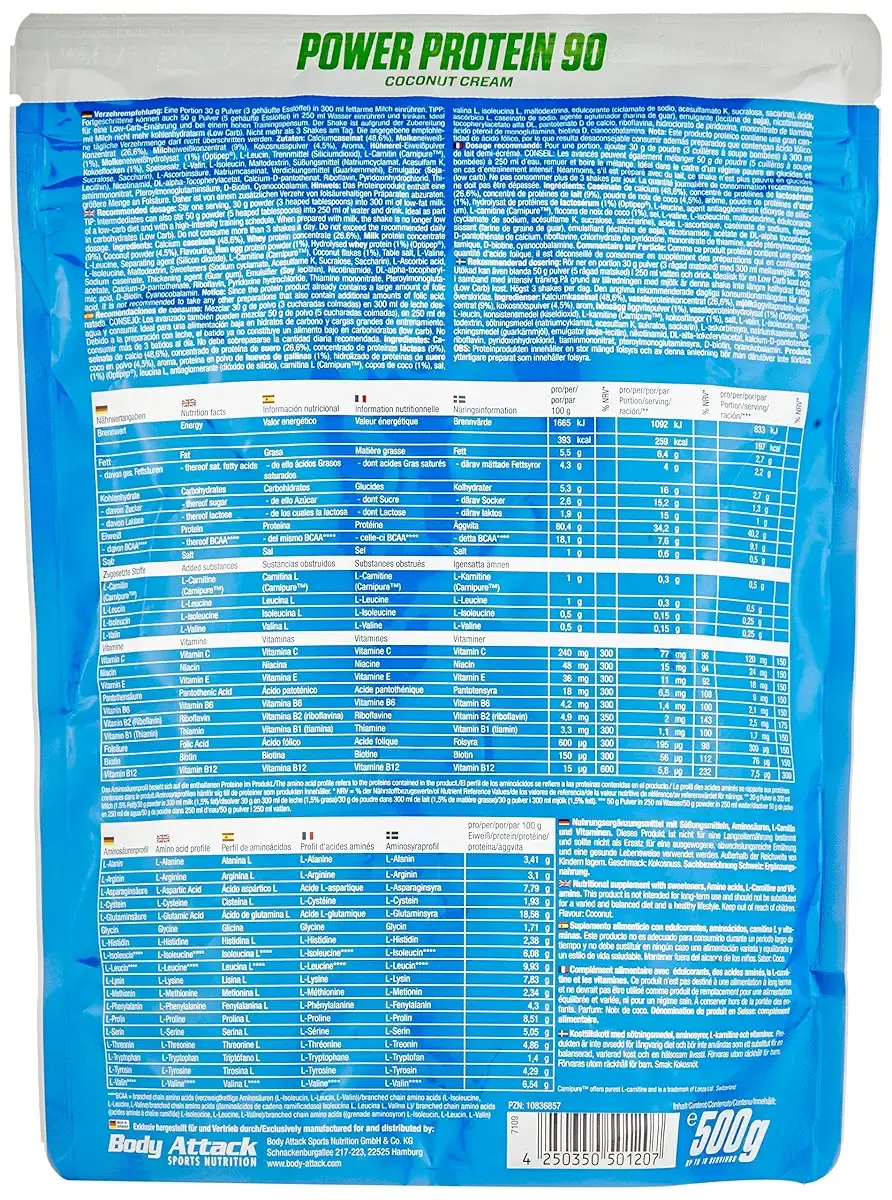Body Attack Power Protein 90 - Coconut Cream - 500g bag - Multi -component Protein Powder — 500 g