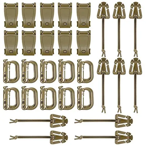 BOOSTEADY Kit of 30 Attachments for Molle Bag Tactical Backpack Vest Belt,D-Ring Grimloc Locking Gear Clip, Web Dominator Elastic Strings, Strap Management Tool Buckle Pack of 30 Coyote Tan
