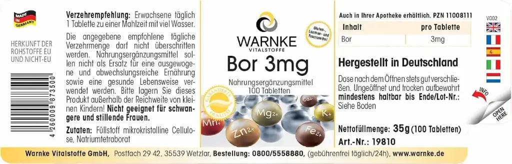 Boron 3 mg Boron 100 Tablets vegi Pack of 1 x 30 g) | Warnke Vitalstoffe — WARNKE VITALSTOFFE