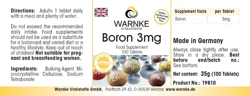 Boron 3 mg Boron 100 Tablets vegi Pack of 1 x 30 g) | Warnke Vitalstoffe — 3 mg