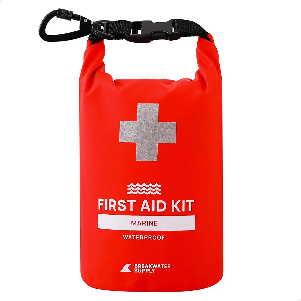 Breakwater Supply Waterproof First Aid Kit Dry Bag Bug Out Bag, Emergency Survival Supplies for Boating, Camping, Kayaking + Heavy-Duty Carabiner, Floating, Reflective, Lightweight First Aid Marine Kit (Red)