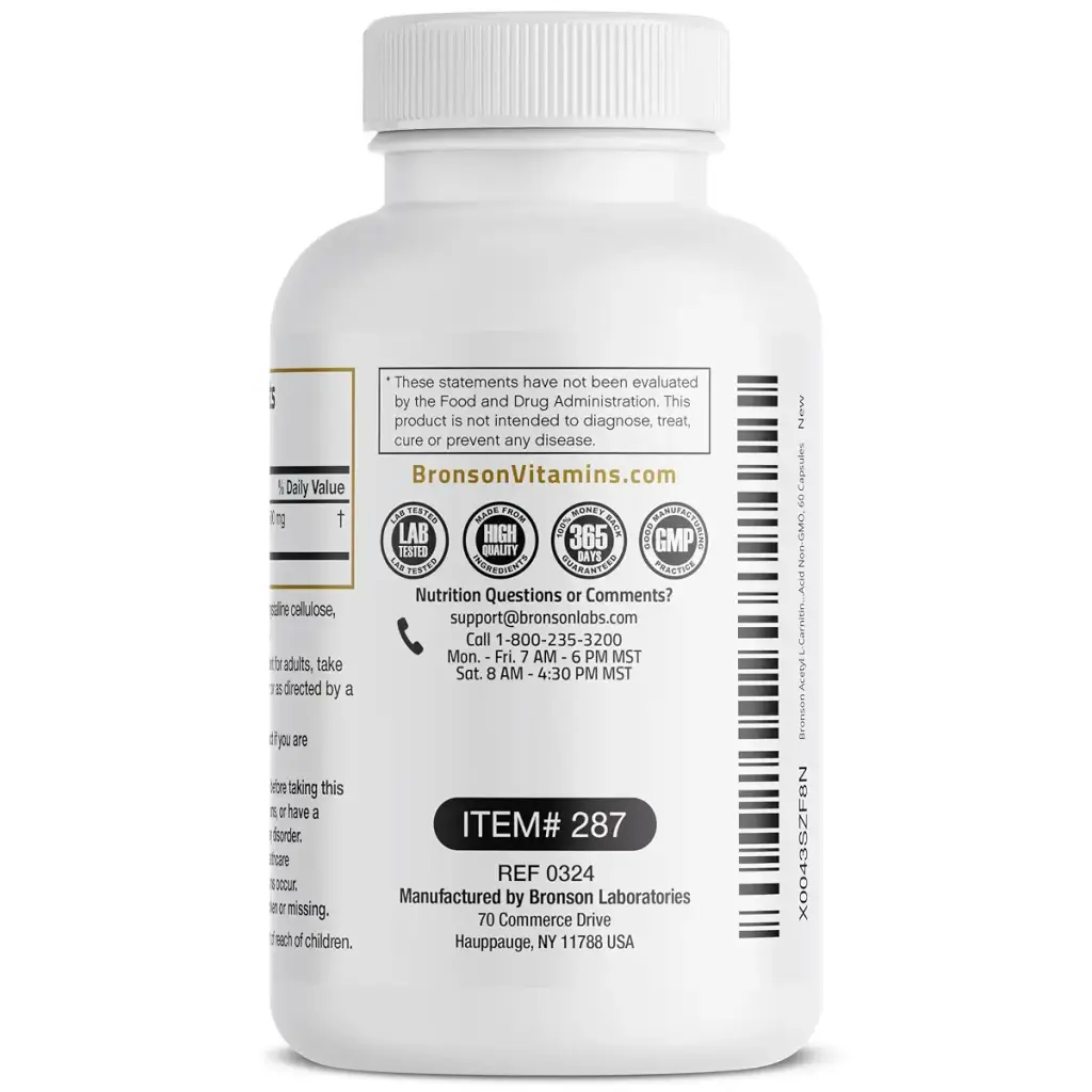 Bronson Acetyl L-Carnitine 500 MG High Potency Amino Acid Non-GMO, 60 Capsules 60 Count — pack of 60