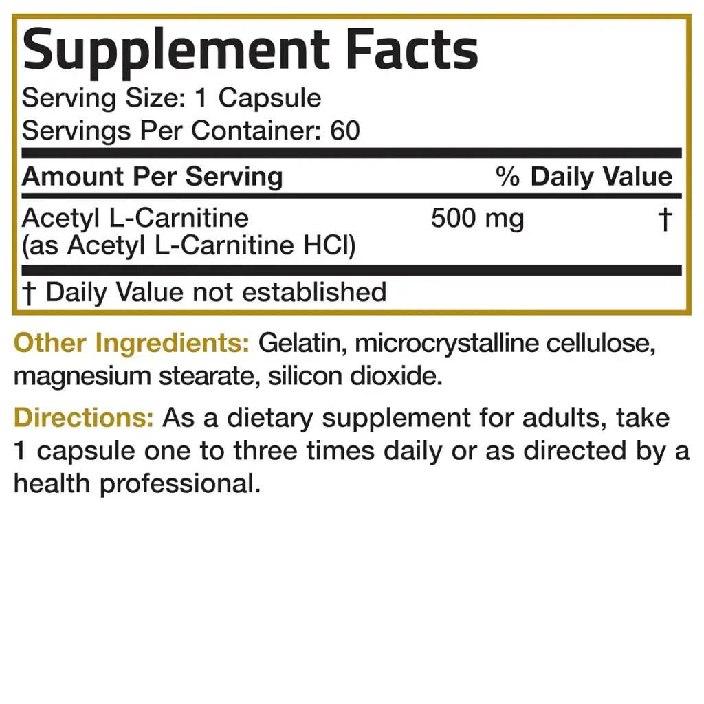 Bronson Acetyl L-Carnitine 500 MG High Potency Amino Acid Non-GMO, 60 Capsules 60 Count — Sports Nutrition
