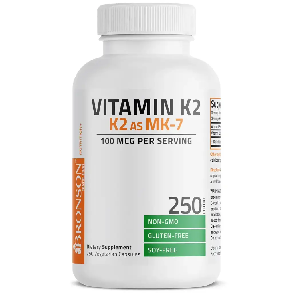 Bronson Vitamin K2 as MK-7 Menaquinone 100 mcg Non-GMO, 250 Capsules Unflavored 250 Count — pack of 250