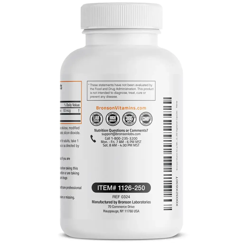 Bronson Vitamin K2 as MK-7 Menaquinone 100 mcg Non-GMO, 250 Capsules Unflavored 250 Count — Capsules
