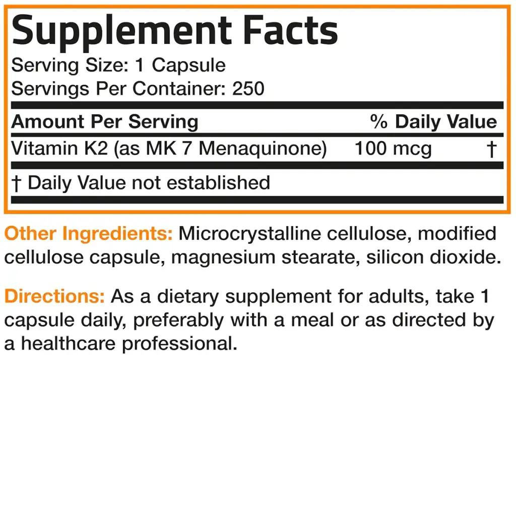 Bronson Vitamin K2 as MK-7 Menaquinone 100 mcg Non-GMO, 250 Capsules Unflavored 250 Count — Unflavoured