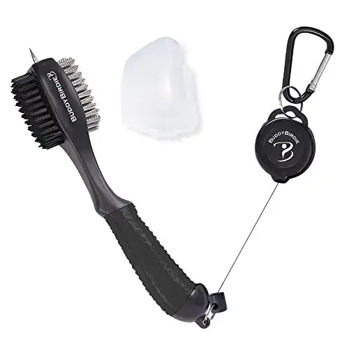 BUDDYBIRDIE Retractable Golf Club Brush | Oversize Double Brush & Ergonomic Grip & Retractable Groove Cleaner & Lanyard Black